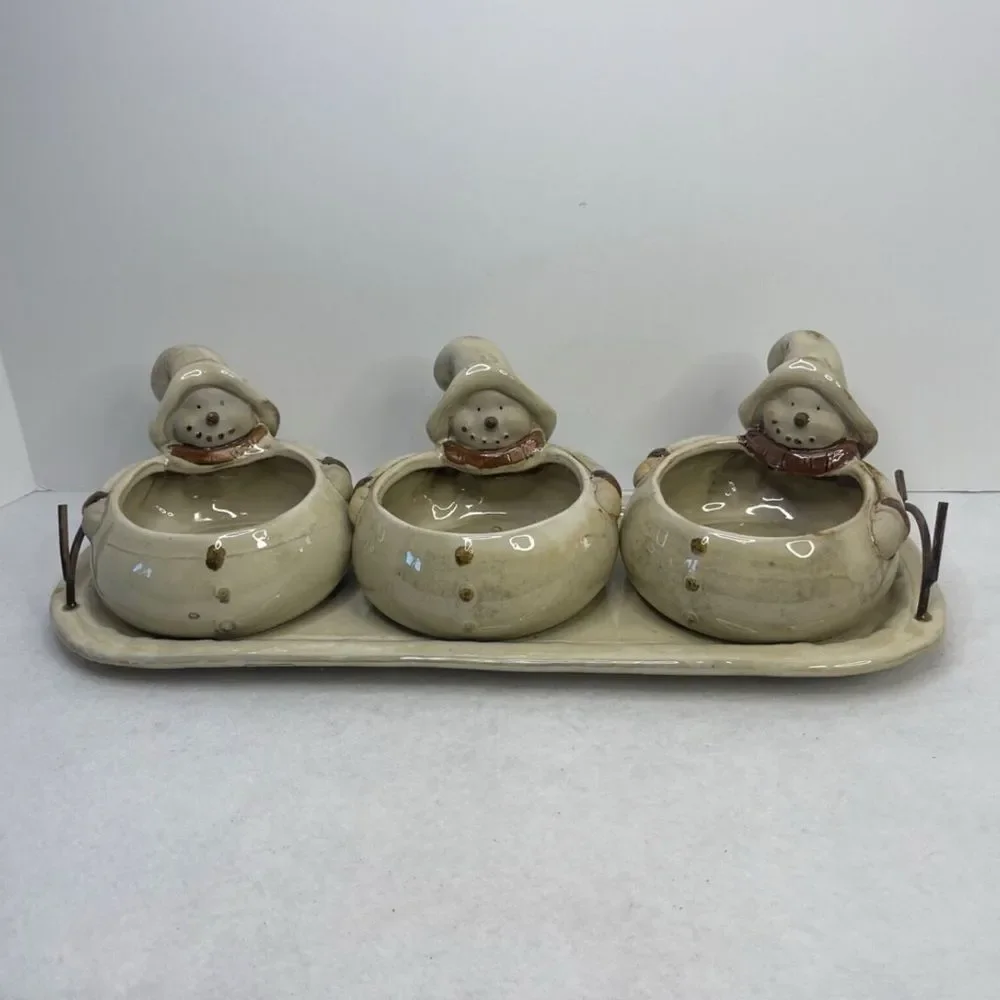 Kirkland's Home Woodland Collection Snowmen Triple Server‎ 3 Salsa or Dip Bowls